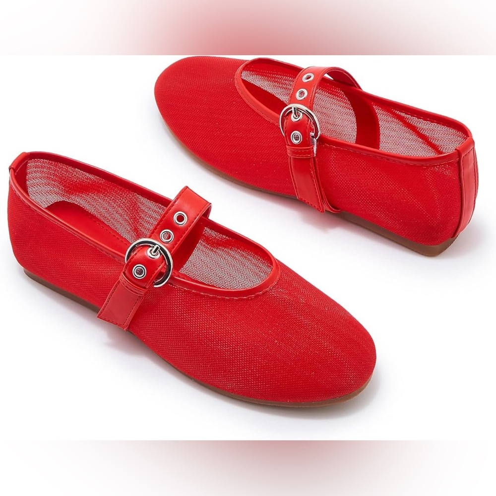 Womens Flat Red Mesh Ballet Slip On Mary Jane Casual Ballerina Shoes 7 Wedding